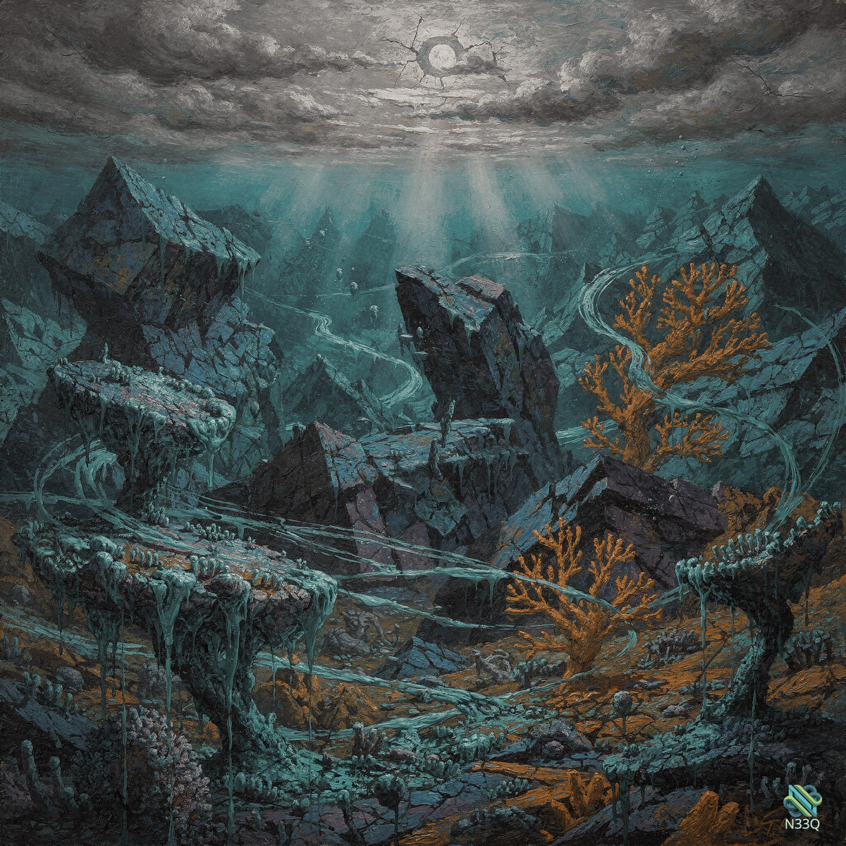 Floating Rocks and Coral Under Broken Sky
