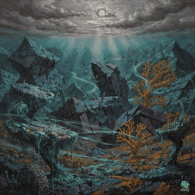Floating Rocks and Coral Under Broken Sky