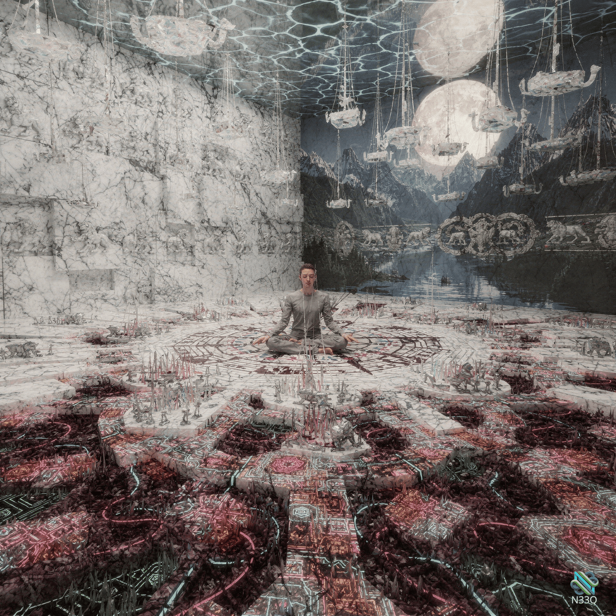 Meditating Man in Fractured Celestial Chamber