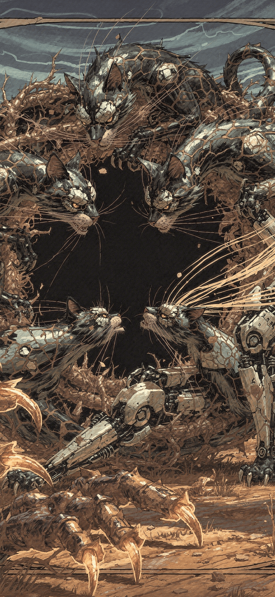 Cyborg Woman Facing Mechanical Cats at Void