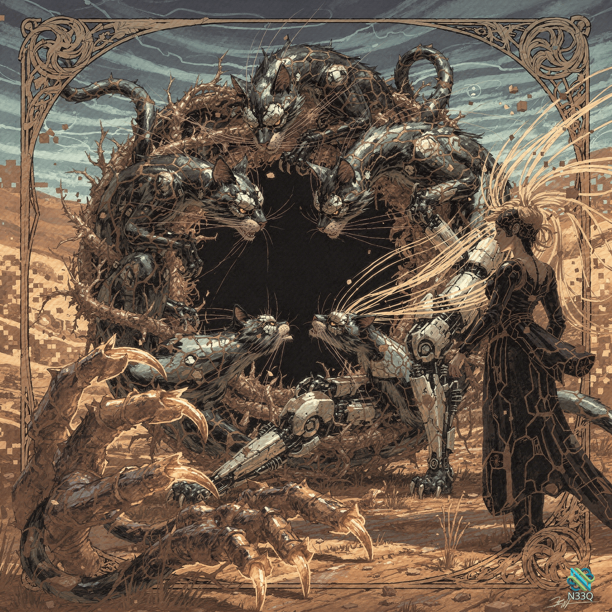 Cyborg Woman Facing Mechanical Cats at Void