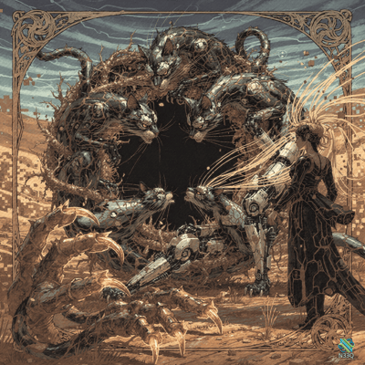 Cyborg Woman Facing Mechanical Cats at Void