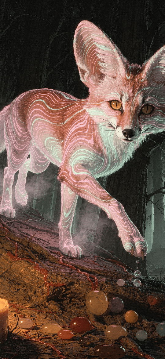 Glowing Fox in Misty Dark Forest