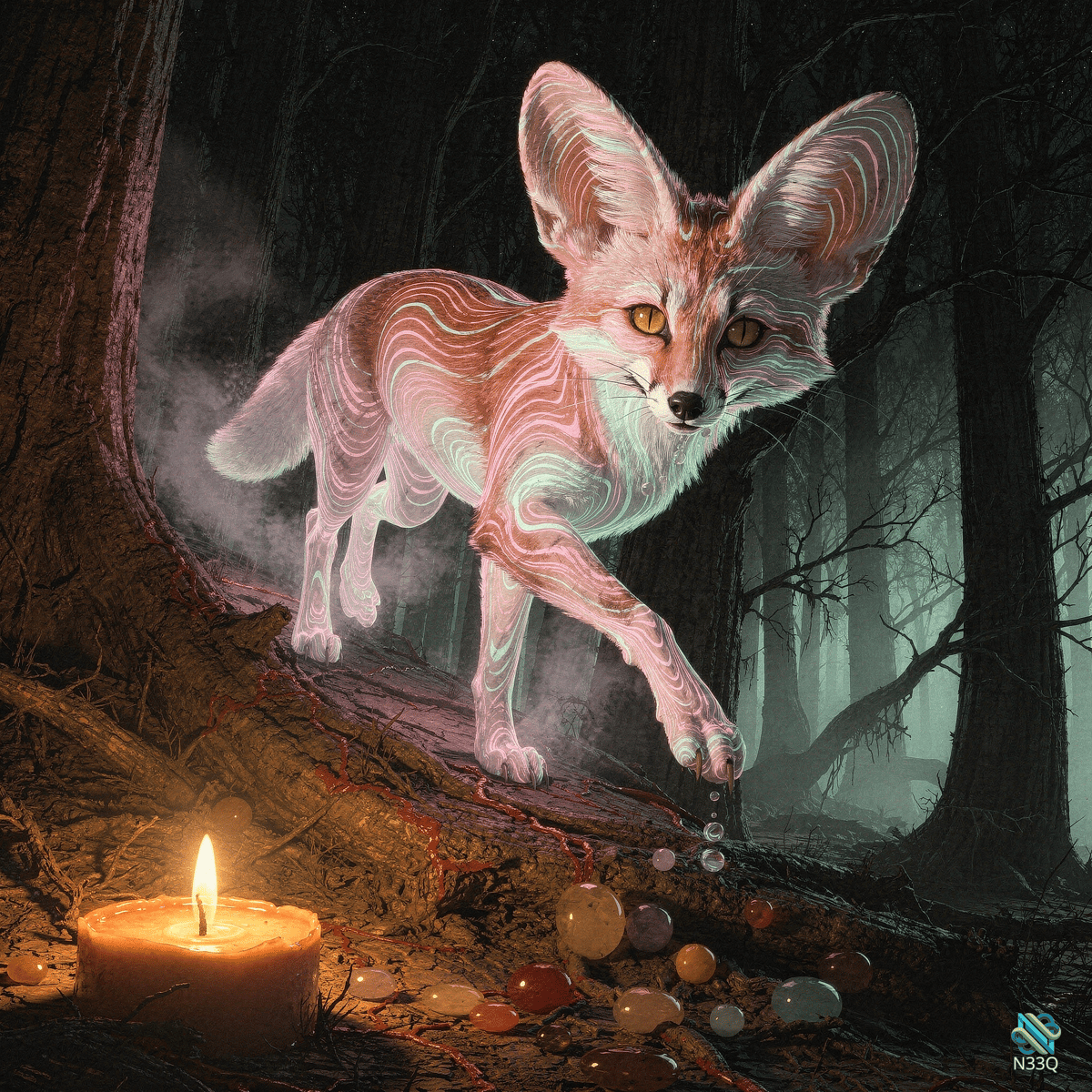 Glowing Fox in Misty Dark Forest