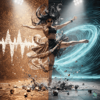 Dancer Leaping Between Gold and Blue Energies