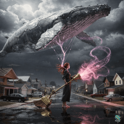 Woman Controls Giant Mechanical Whale with Energy Device