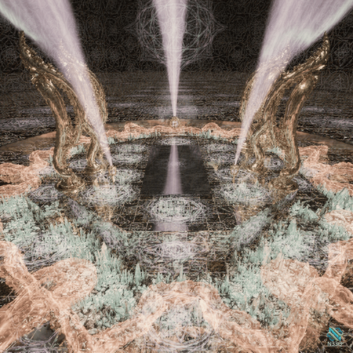 Three Golden Pillars Emitting Light Beams