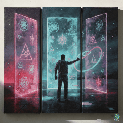 Man Before Three Glowing Panels of Sacred Symbols