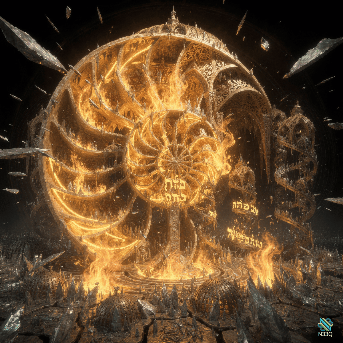 Flaming Nautilus Temple with Hebrew Text