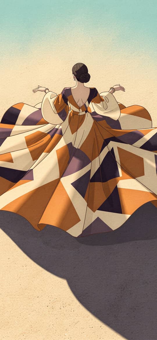 Woman in Geometric Dress on Beach