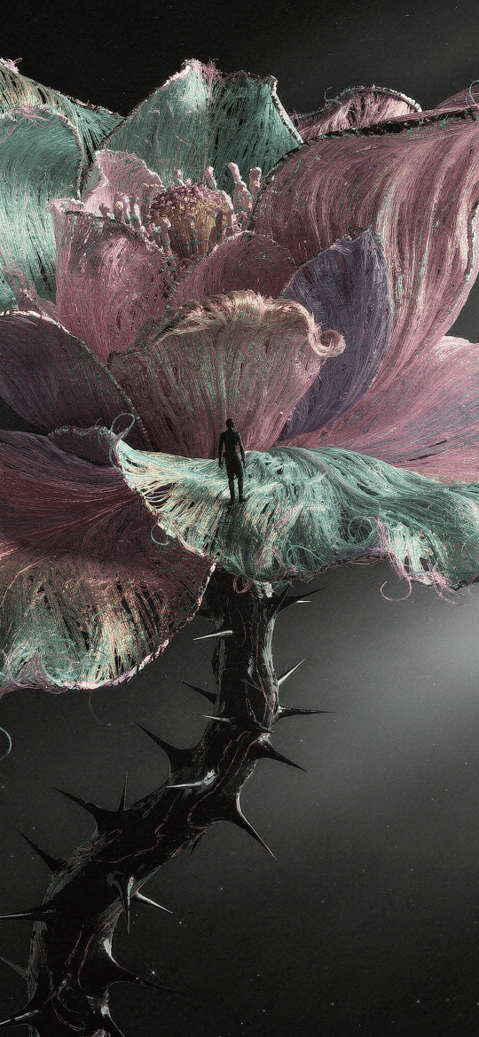 Tiny Figure Standing on a Giant Thorned Flower