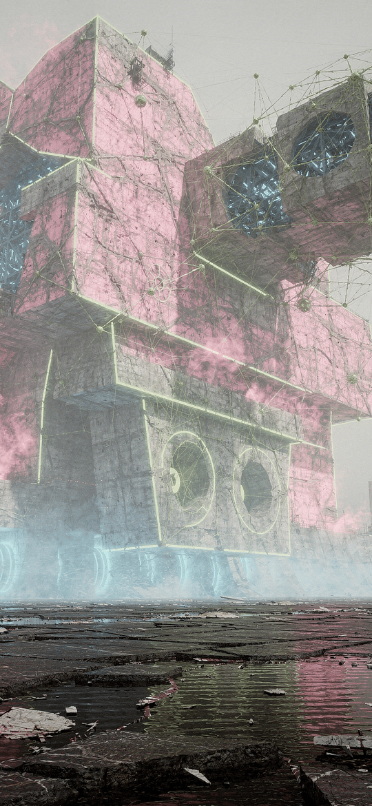 Pink Mechanical Fortress in Foggy Ruins