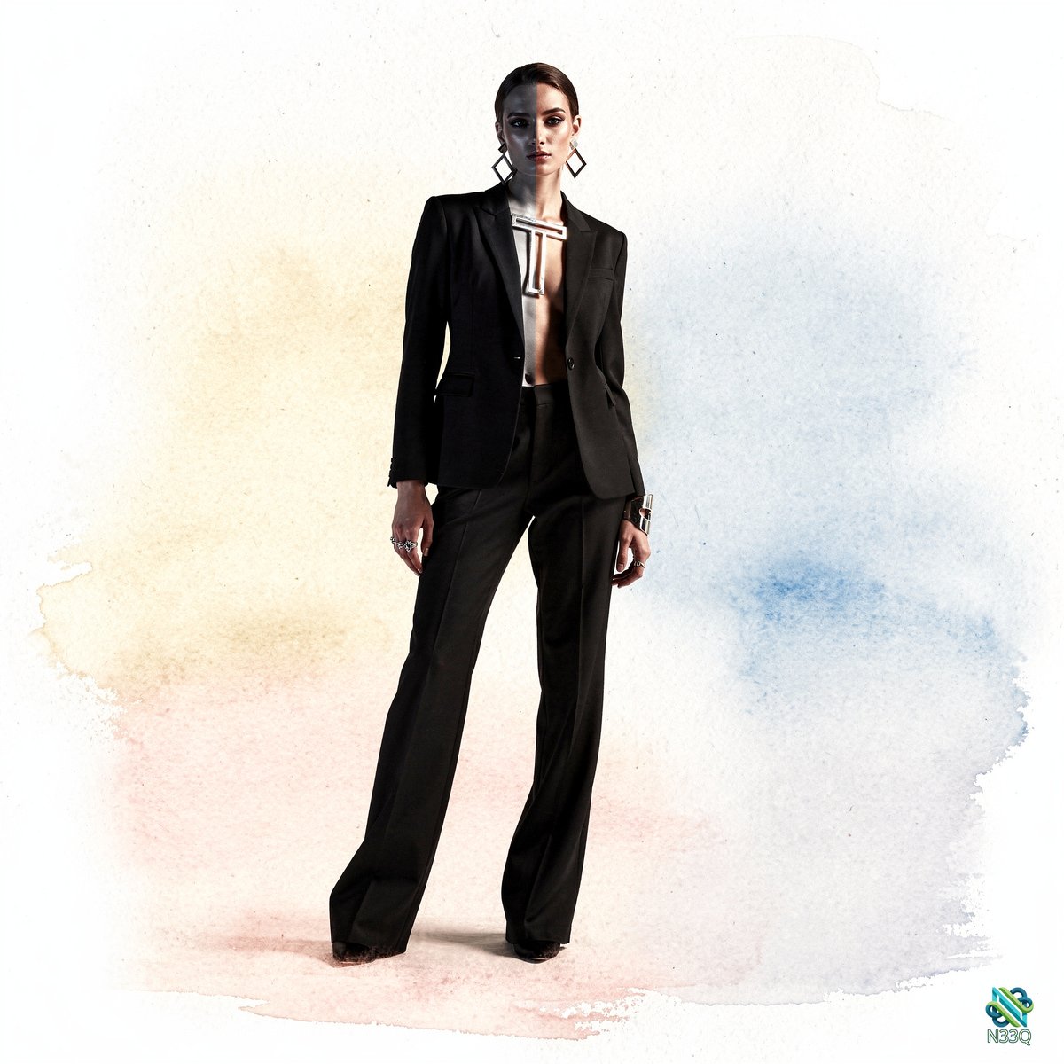 Woman in Black Pantsuit with Cutouts