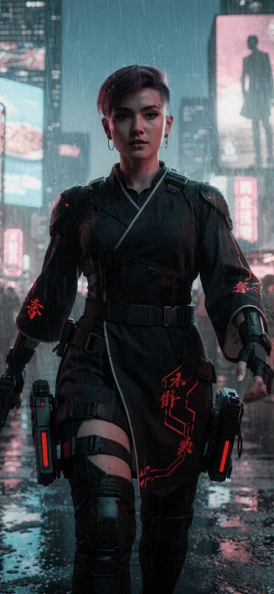Female Warrior in Rainy Neon Cyberpunk Street