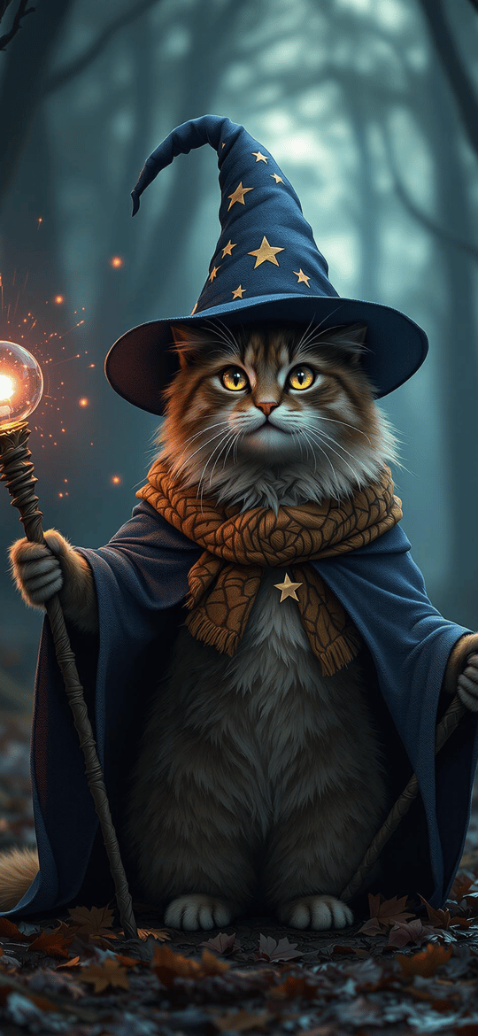 Cat Wizard Holding Glowing Staff in Forest