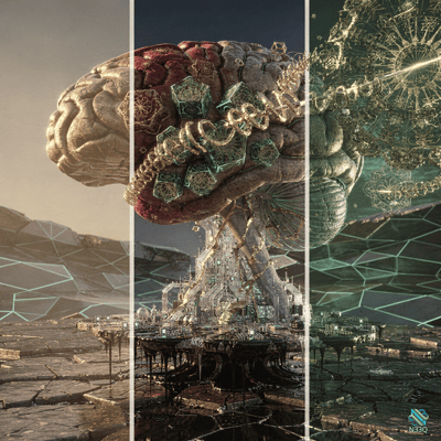Biomechanical Brain Over Ruined Futuristic City