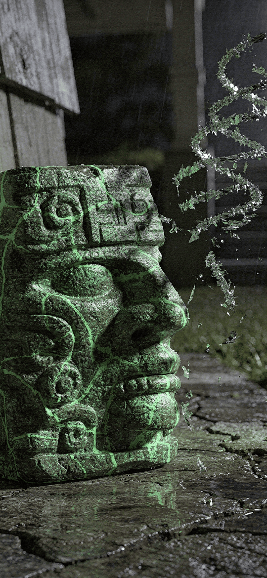 Carved Green Stone Head in a Lightning Storm